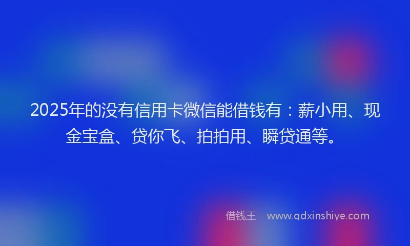 2025年的没有信用卡微信能借钱有：薪小用、现金宝盒、贷你飞、拍拍用、瞬贷通等。