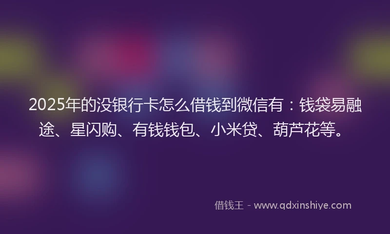 2025年的没银行卡怎么借钱到微信有：钱袋易融途、星闪购、有钱钱包、小米贷、葫芦花等。
