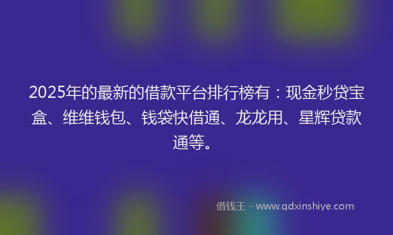 2025年的最新的借款平台排行榜有:现金秒贷宝盒、维维钱包、钱袋快借通、龙龙用、星辉贷款通等。