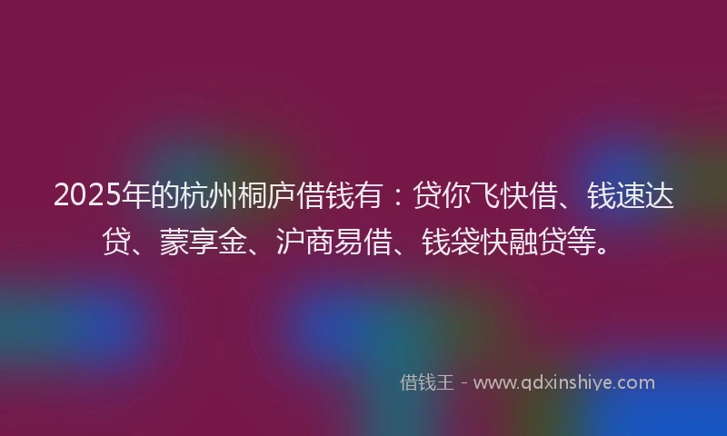 2025年的杭州桐庐借钱有:贷你飞快借、钱速达贷、蒙享金、沪商易借、钱袋快融贷等。