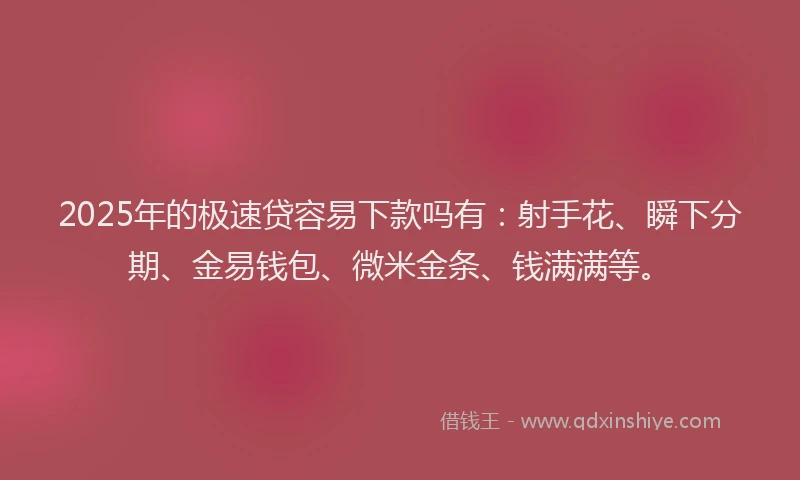2025年的极速贷容易下款吗有：射手花、瞬下分期、金易钱包、微米金条、钱满满等。