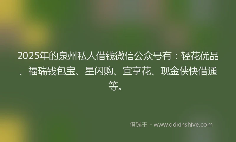 2025年的泉州私人借钱微信公众号有:轻花优品、福瑞钱包宝、星闪购、宜享花、现金侠快借通等。
