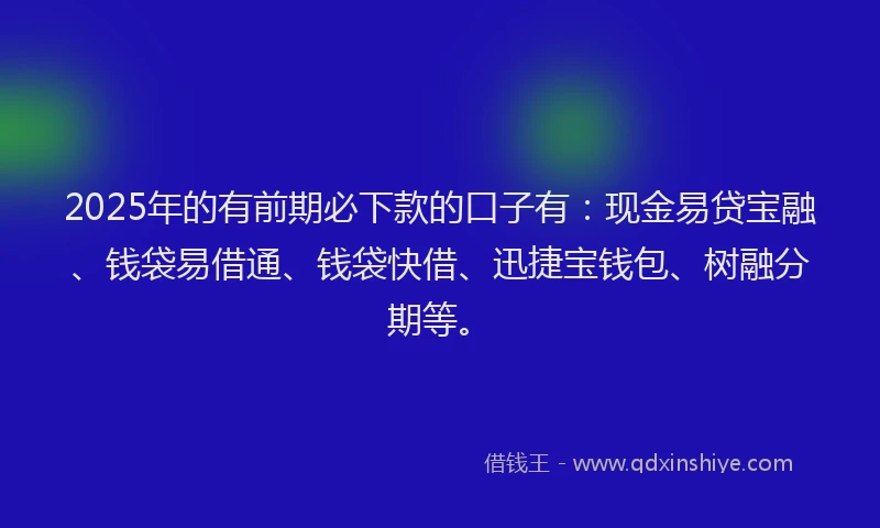 2025年的有前期必下款的口子有：现金易贷宝融、钱袋易借通、钱袋快借、迅捷宝钱包、树融分期等。
