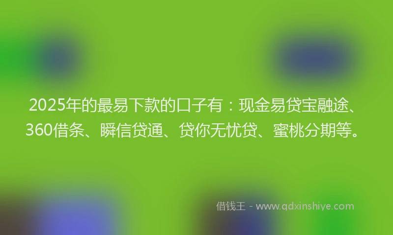 2025年的最易下款的口子有：现金易贷宝融途、360借条、瞬信贷通、贷你无忧贷、蜜桃分期等。