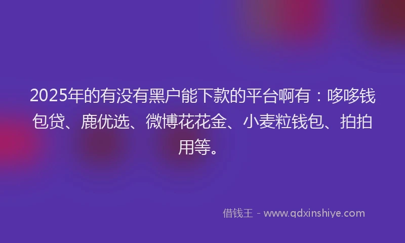 2025年的有没有黑户能下款的平台啊有：哆哆钱包贷、鹿优选、微博花花金、小麦粒钱包、拍拍用等。