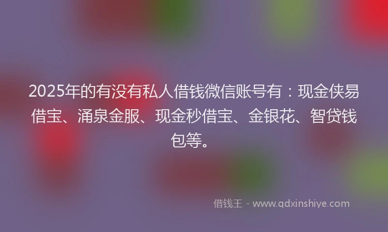 2025年的有没有私人借钱微信账号有：现金侠易借宝、涌泉金服、现金秒借宝、金银花、智贷钱包等。
