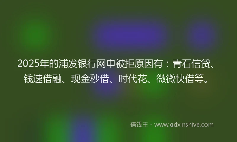 2025年的浦发银行网申被拒原因有：青石信贷、钱速借融、现金秒借、时代花、微微快借等。