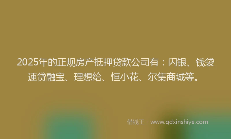 2025年的正规房产抵押贷款公司有：闪银、钱袋速贷融宝、理想给、恒小花、尔集商城等。
