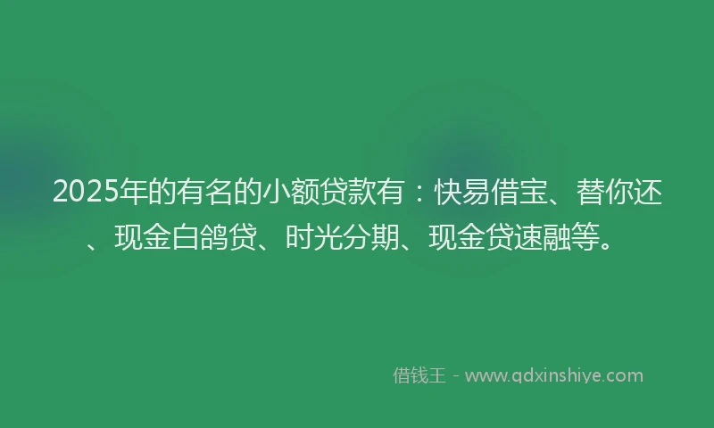 2025年的有名的小额贷款有：快易借宝、替你还、现金白鸽贷、时光分期、现金贷速融等。