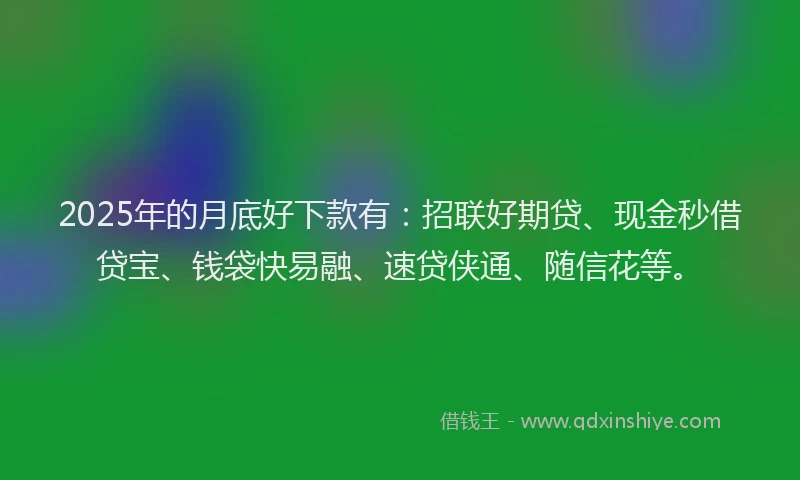 2025年的月底好下款有：招联好期贷、现金秒借贷宝、钱袋快易融、速贷侠通、随信花等。