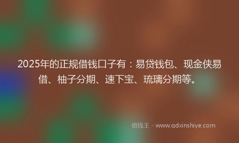 2025年的正规借钱口子有：易贷钱包、现金侠易借、柚子分期、速下宝、琉璃分期等。