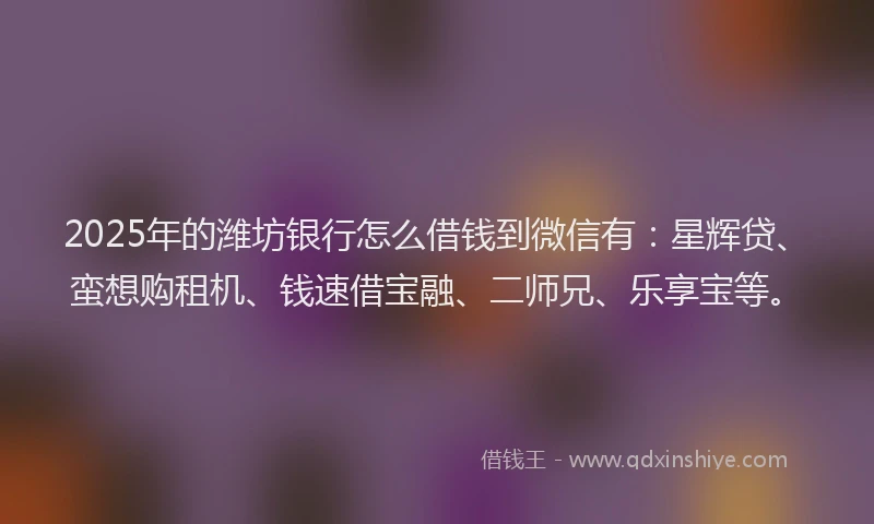 2025年的潍坊银行怎么借钱到微信有:星辉贷、蛮想购租机、钱速借宝融、二师兄、乐享宝等。