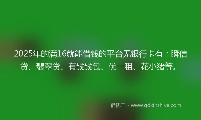 2025年的满16就能借钱的平台无银行卡有：瞬信贷、翡翠贷、有钱钱包、优一租、花小猪等。