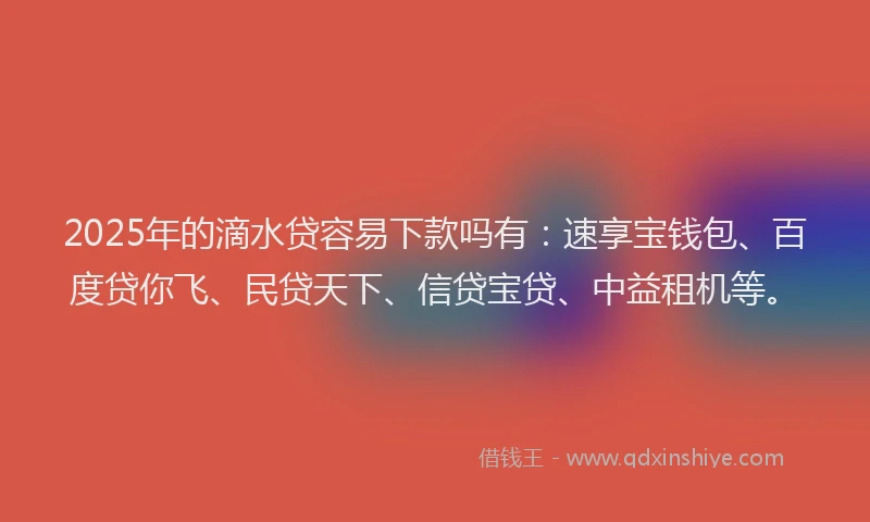 2025年的滴水贷容易下款吗有：速享宝钱包、百度贷你飞、民贷天下、信贷宝贷、中益租机等。