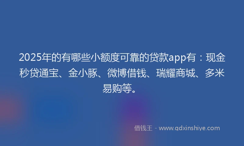 2025年的有哪些小额度可靠的贷款app有:现金秒贷通宝、金小豚、微博借钱、瑞耀商城、多米易购等。
