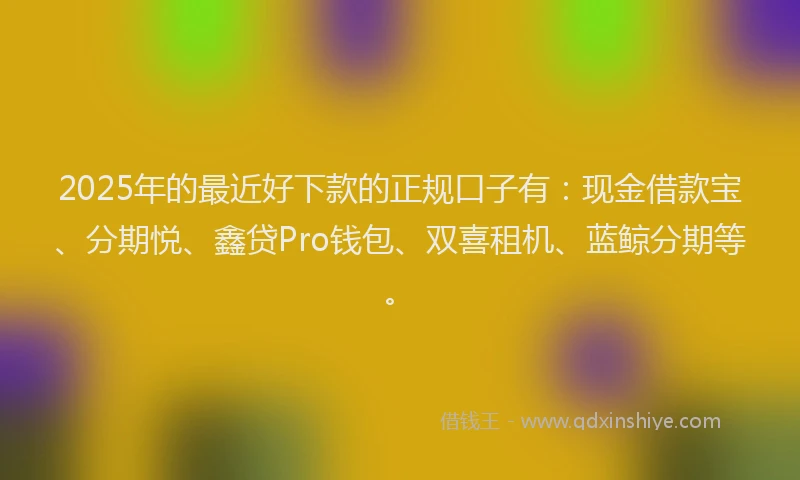 2025年的最近好下款的正规口子有：现金借款宝、分期悦、鑫贷Pro钱包、双喜租机、蓝鲸分期等。