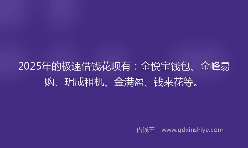2025年的极速借钱花呗有：金悦宝钱包、金峰易购、玥成租机、金满盈、钱来花等。