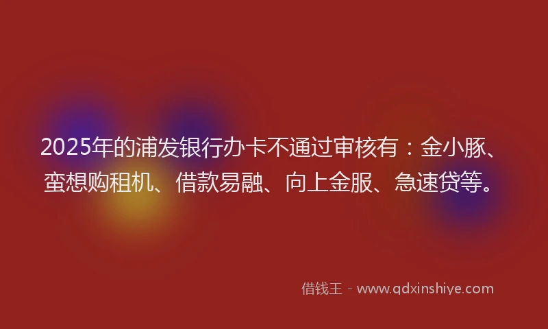 2025年的浦发银行办卡不通过审核有：金小豚、蛮想购租机、借款易融、向上金服、急速贷等。