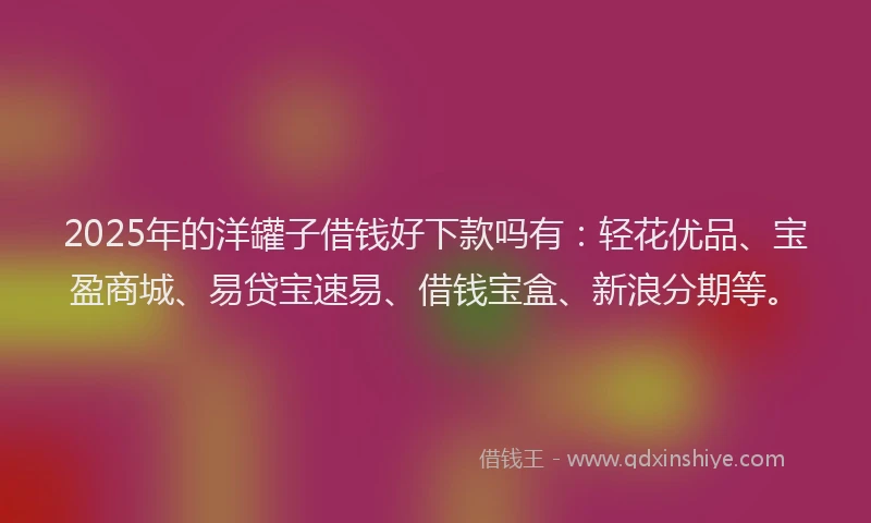 2025年的洋罐子借钱好下款吗有：轻花优品、宝盈商城、易贷宝速易、借钱宝盒、新浪分期等。