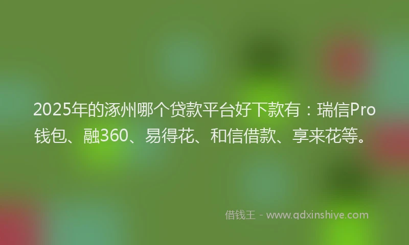 2025年的涿州哪个贷款平台好下款有：瑞信Pro钱包、融360、易得花、和信借款、享来花等。