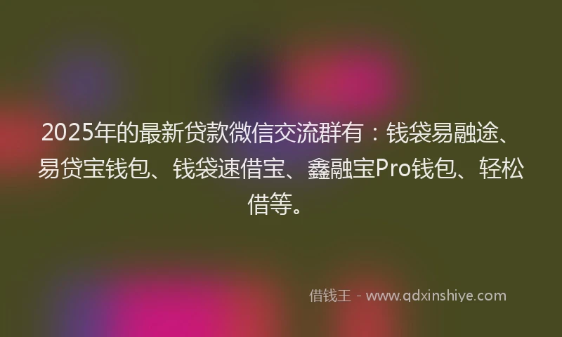 2025年的最新贷款微信交流群有：钱袋易融途、易贷宝钱包、钱袋速借宝、鑫融宝Pro钱包、轻松借等。