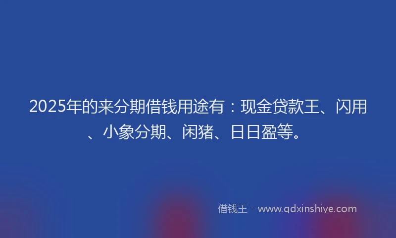 2025年的来分期借钱用途有：现金贷款王、闪用、小象分期、闲猪、日日盈等。