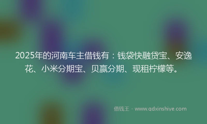 2025年的河南车主借钱有:钱袋快融贷宝、安逸花、小米分期宝、贝赢分期、现租柠檬等。