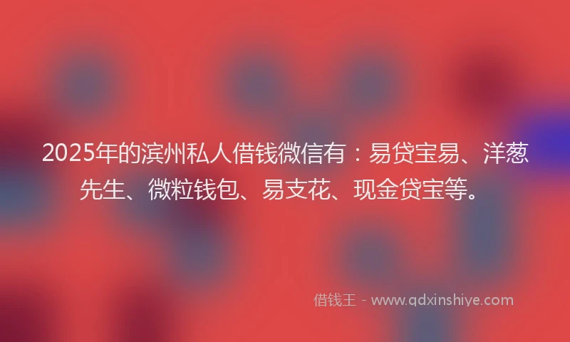 2025年的滨州私人借钱微信有：易贷宝易、洋葱先生、微粒钱包、易支花、现金贷宝等。