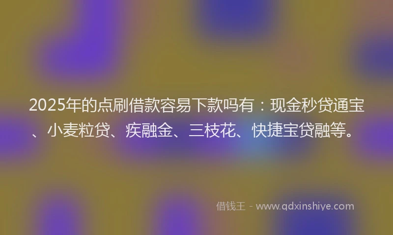 2025年的点刷借款容易下款吗有:现金秒贷通宝、小麦粒贷、疾融金、三枝花、快捷宝贷融等。