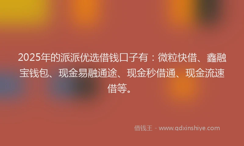 2025年的派派优选借钱口子有：微粒快借、鑫融宝钱包、现金易融通途、现金秒借通、现金流速借等。