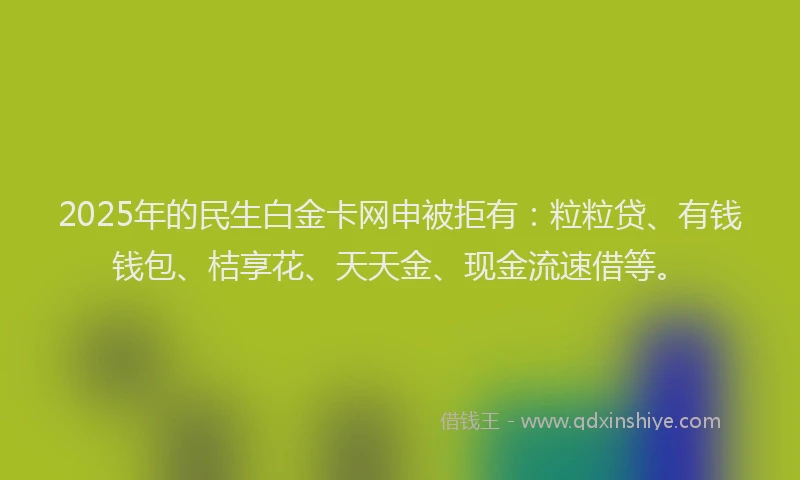 2025年的民生白金卡网申被拒有：粒粒贷、有钱钱包、桔享花、天天金、现金流速借等。