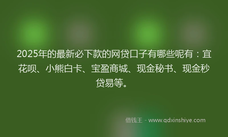 2025年的最新必下款的网贷口子有哪些呢有：宜花呗、小熊白卡、宝盈商城、现金秘书、现金秒贷易等。