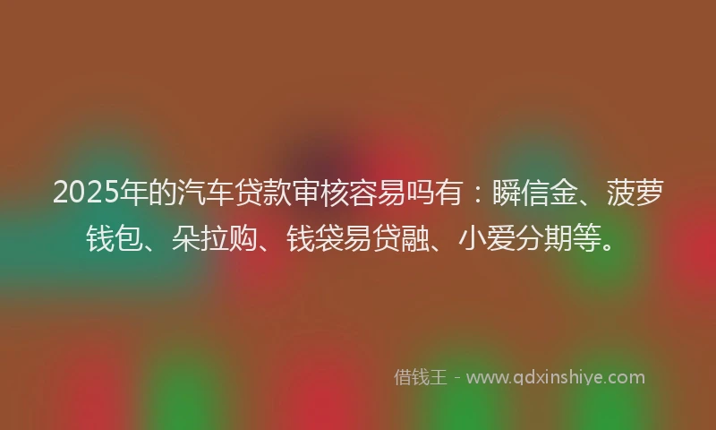 2025年的汽车贷款审核容易吗有：瞬信金、菠萝钱包、朵拉购、钱袋易贷融、小爱分期等。