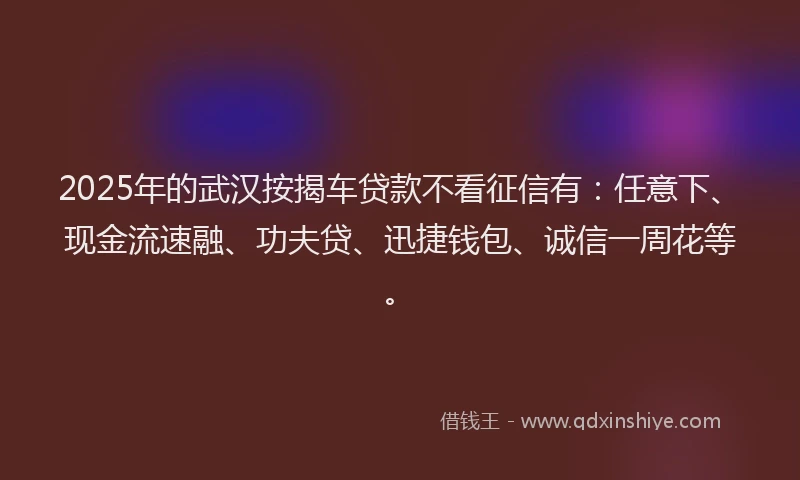 2025年的武汉按揭车贷款不看征信有：任意下、现金流速融、功夫贷、迅捷钱包、诚信一周花等。