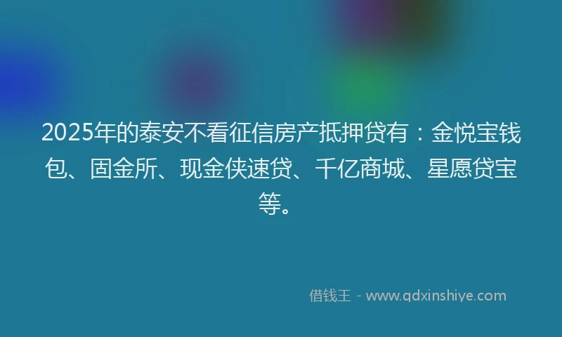2025年的泰安不看征信房产抵押贷有:金悦宝钱包、固金所、现金侠速贷、千亿商城、星愿贷宝等。