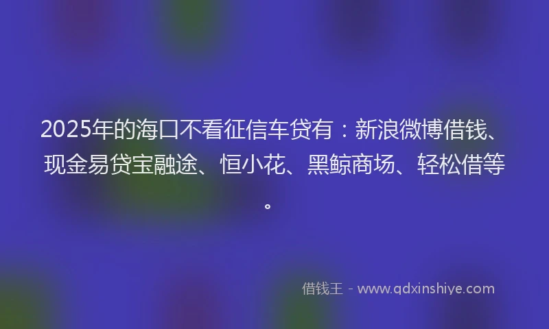 2025年的海口不看征信车贷有：新浪微博借钱、现金易贷宝融途、恒小花、黑鲸商场、轻松借等。
