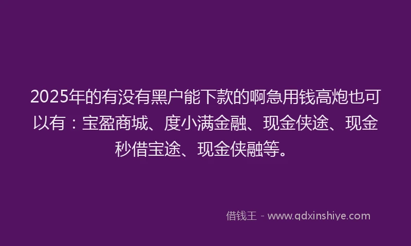 2025年的有没有黑户能下款的啊急用钱高炮也可以有：宝盈商城、度小满金融、现金侠途、现金秒借宝途、现金侠融等。