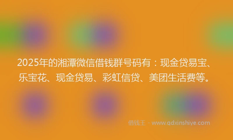 2025年的湘潭微信借钱群号码有：现金贷易宝、乐宝花、现金贷易、彩虹信贷、美团生活费等。