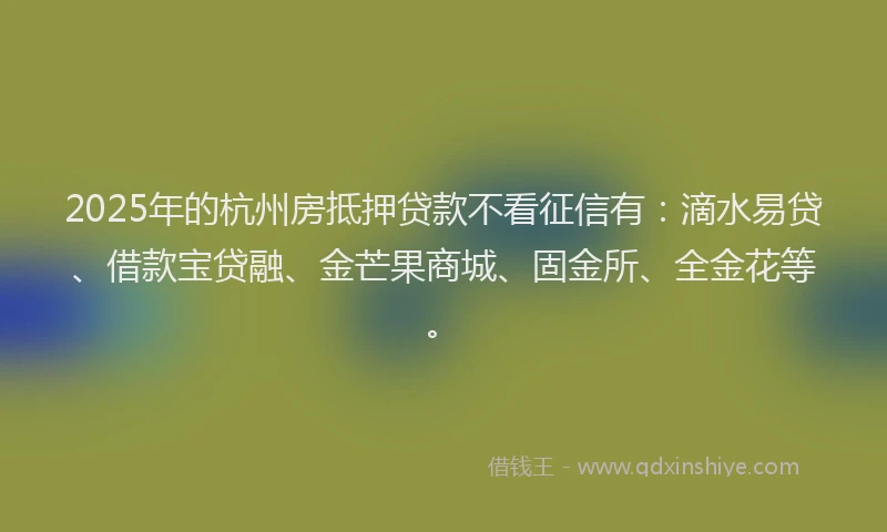2025年的杭州房抵押贷款不看征信有:滴水易贷、借款宝贷融、金芒果商城、固金所、全金花等。