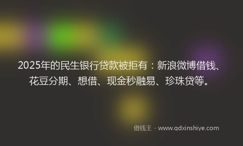 2025年的民生银行贷款被拒有：新浪微博借钱、花豆分期、想借、现金秒融易、珍珠贷等。