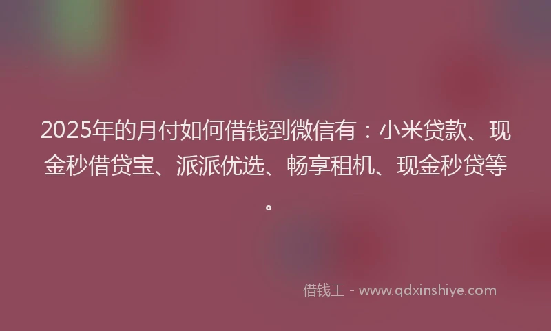 2025年的月付如何借钱到微信有：小米贷款、现金秒借贷宝、派派优选、畅享租机、现金秒贷等。