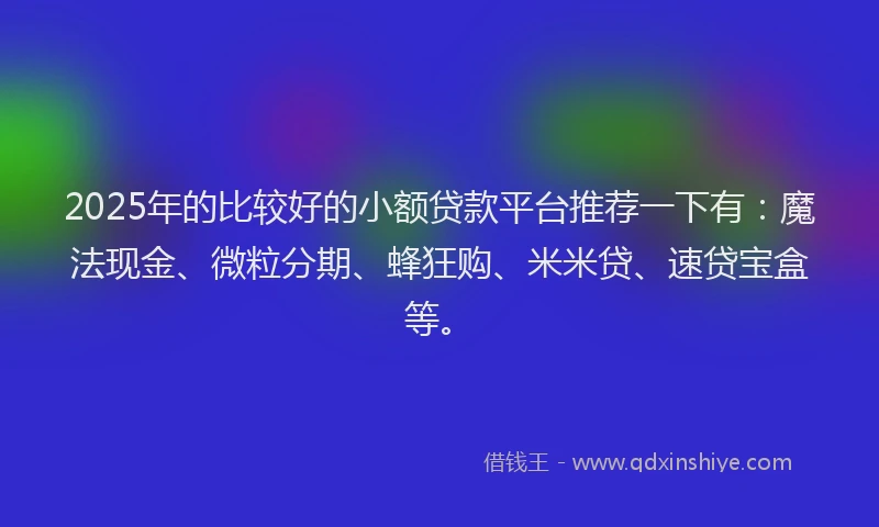 2025年的比较好的小额贷款平台推荐一下有：魔法现金、微粒分期、蜂狂购、米米贷、速贷宝盒等。