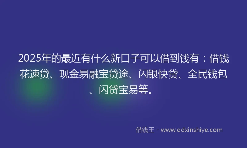 2025年的最近有什么新口子可以借到钱有:借钱花速贷、现金易融宝贷途、闪银快贷、全民钱包、闪贷宝易等。