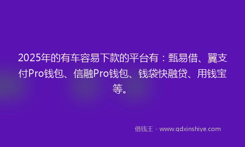 2025年的有车容易下款的平台有：甄易借、翼支付Pro钱包、信融Pro钱包、钱袋快融贷、用钱宝等。