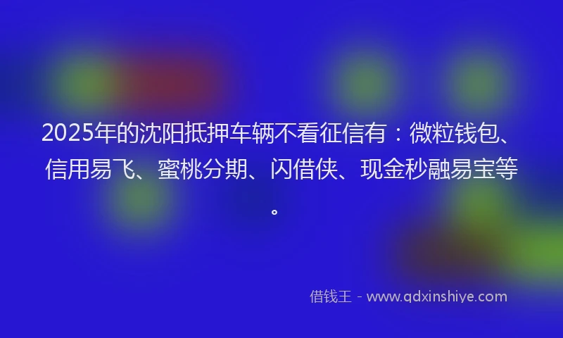 2025年的沈阳抵押车辆不看征信有:微粒钱包、信用易飞、蜜桃分期、闪借侠、现金秒融易宝等。