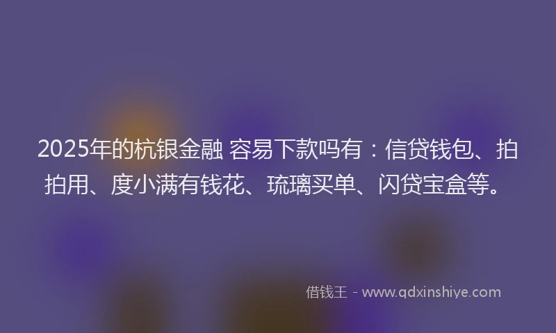 2025年的杭银金融 容易下款吗有:信贷钱包、拍拍用、度小满有钱花、琉璃买单、闪贷宝盒等。
