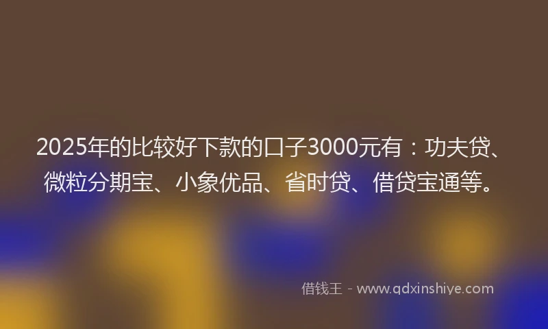 2025年的比较好下款的口子3000元有:功夫贷、微粒分期宝、小象优品、省时贷、借贷宝通等。