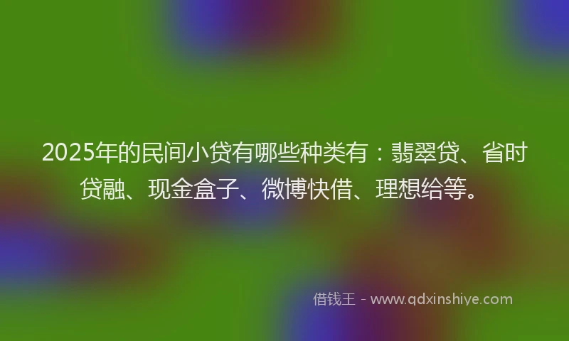 2025年的民间小贷有哪些种类有：翡翠贷、省时贷融、现金盒子、微博快借、理想给等。