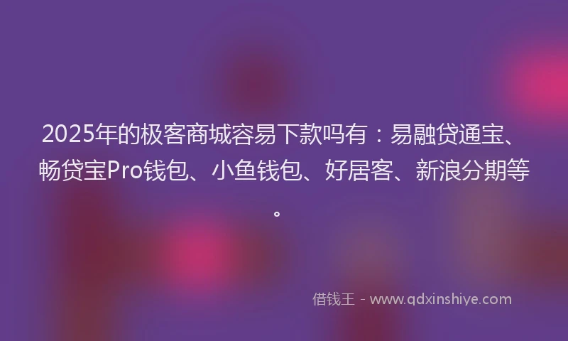 2025年的极客商城容易下款吗有:易融贷通宝、畅贷宝Pro钱包、小鱼钱包、好居客、新浪分期等。