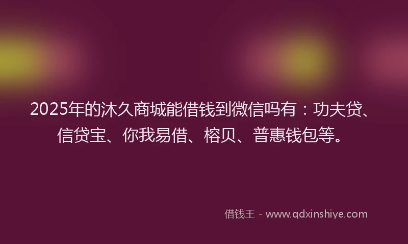 2025年的沐久商城能借钱到微信吗有：功夫贷、信贷宝、你我易借、榕贝、普惠钱包等。